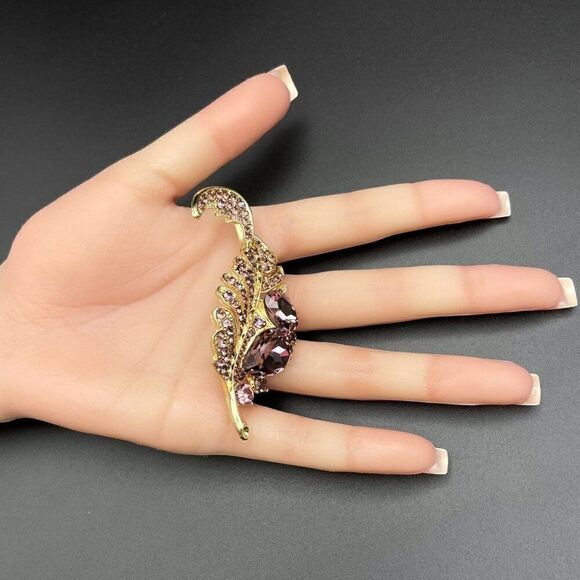 Yellow Gold with Pinkish Purple Amethyst Crystal Single Feather Pin Back Brooch - Picture 9 of 9